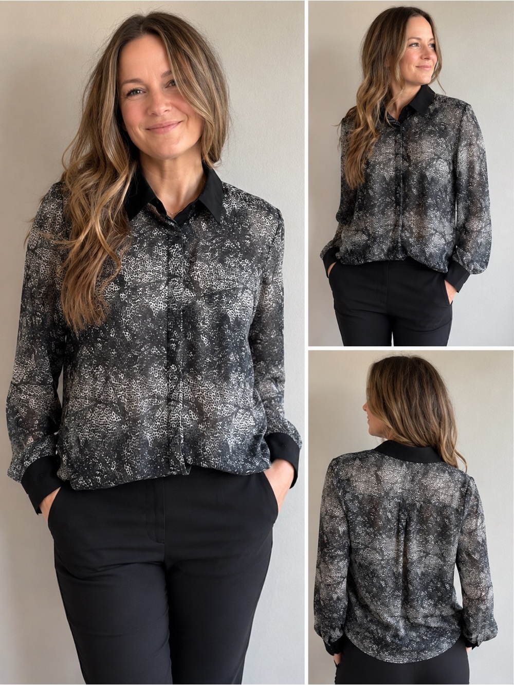 Amanda Green Sheer Animal Print Blouse Women’s Medium Black Gray Button Front